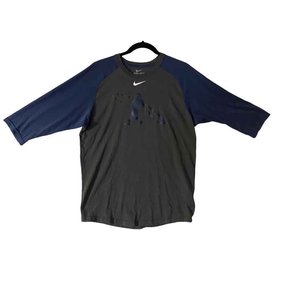 Mens Medium Charcoal W/Dark Blue Sleeve Nike Dri-Fit Baseball 3/4 Sleeve